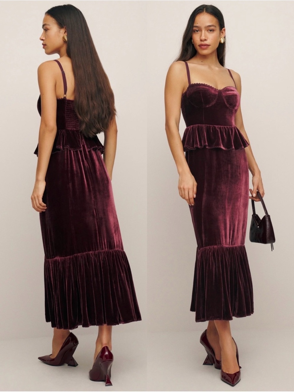 Reformation Felda Velvet Dress in Prune - Picture 2 of 5